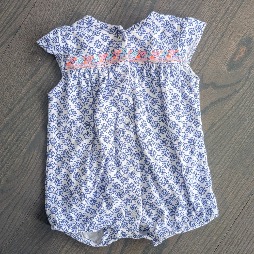 Carter's Baby Girls' Blue Print Romper with Floral Embroidery - 6 Months